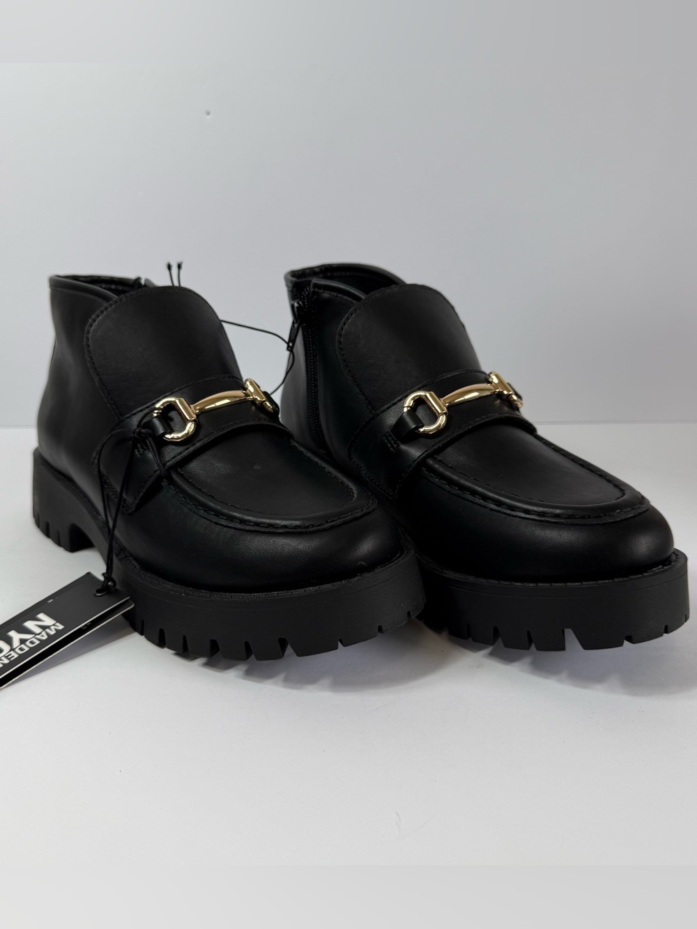 NWT Madden NYC Black Lug Sole Horsebit Loafer Booties Gold Bit Size 8⁠